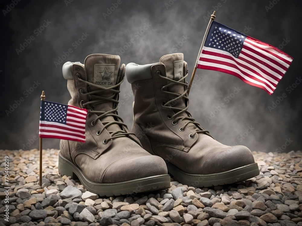 Old military combat boots with dog tags and two small American flags ...