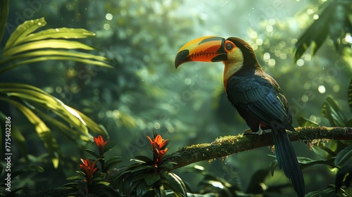 Vivid amazon rainforest  toucan in dappled sunlight among lush foliage in captivating scene © RECARTFRAME CH