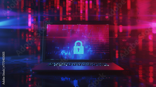 Illustration of laptop cyber security network with lock on screen - red and blue colors - computing concept © NordicShieldMaidens