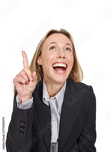 Business woman, pointing and excited for promotion in studio, advertising and info on white background. Happy female person, mockup space and presenting a deal, announcement and direction for offer