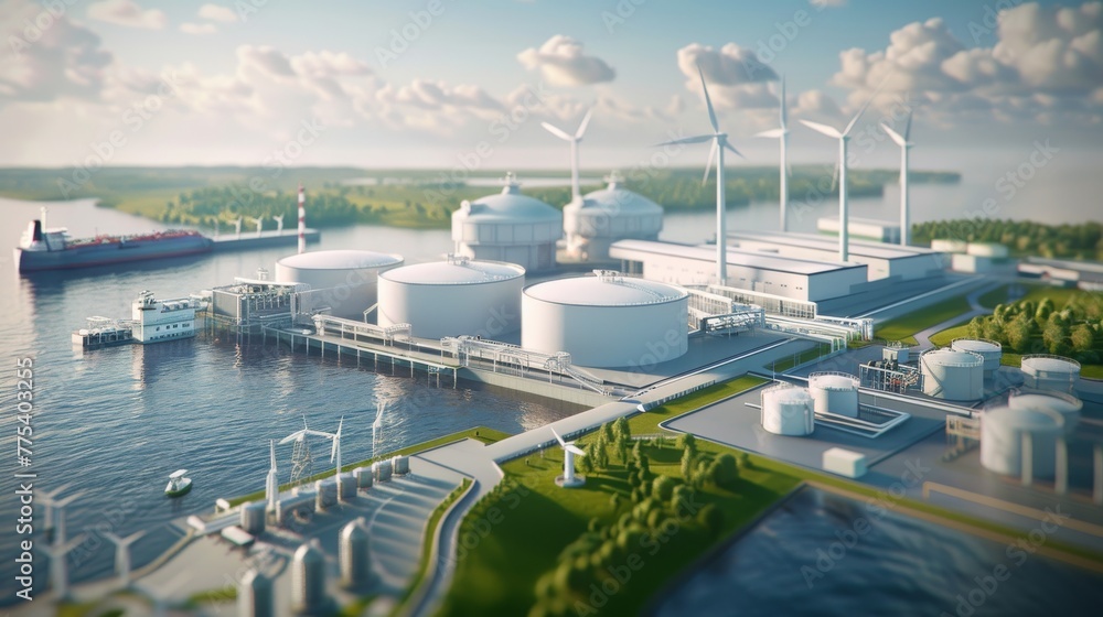 Fototapeta premium Futuristic wind-powered LNG terminal with storage tanks and docking ships