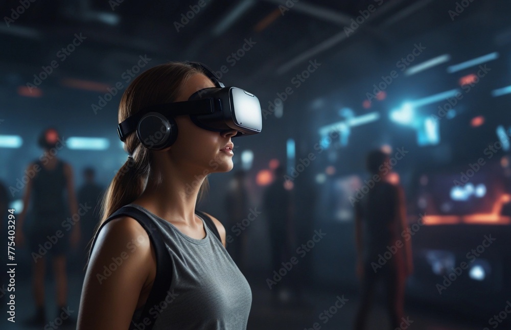 girl in virtual reality glasses against the background of a gaming club girl in virtual reality glasses against the background of a gaming club
