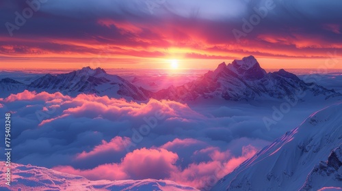  A mountain range with clouds in the foreground and a pink sky as the sun sets in the background