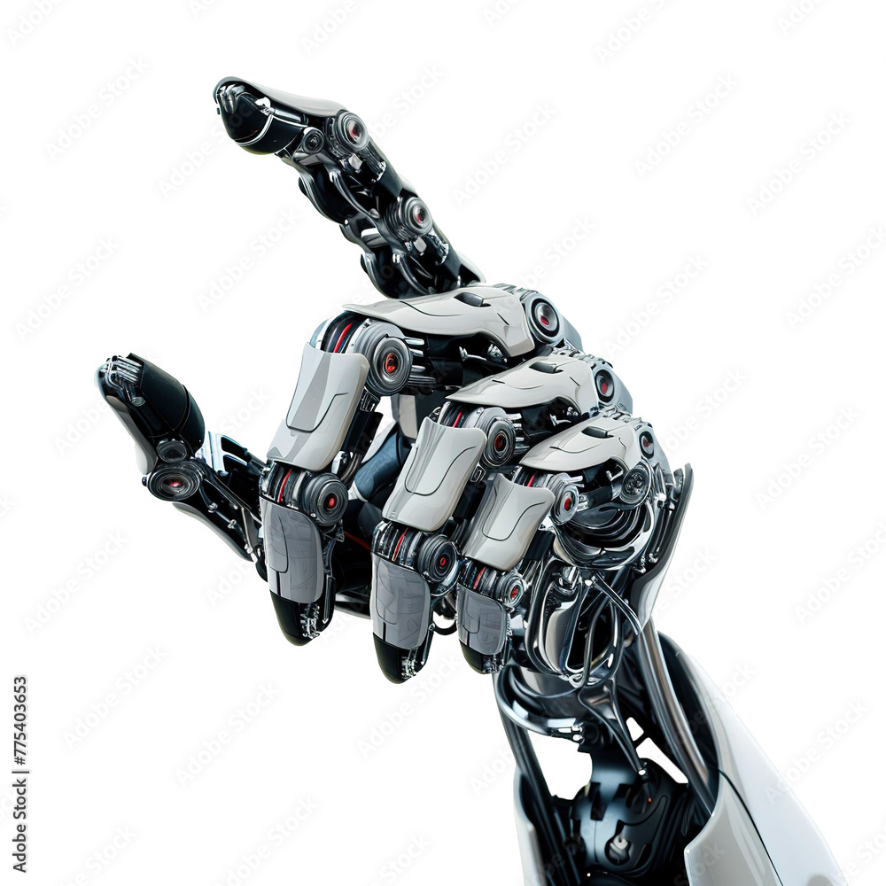 Cyborg hand finger pointing, technology of artificial intelligence on white background. Cyborg hand finger pointing, technology of artificial intelligence on white background.