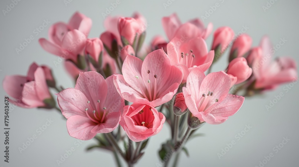 A white countertop hosts a vase brimming with pink blossoms, while a light gray backdrop frames the scene A white countertop hosts a vase brimming with pink blossoms, while a light gray backdrop frames the scene