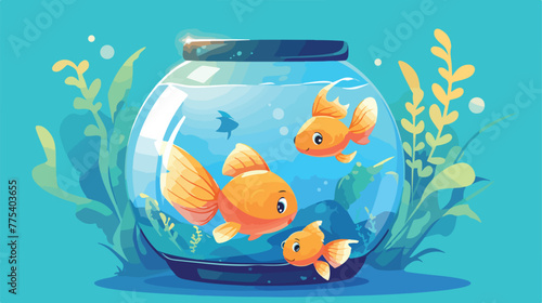 Aquarium with a small fish. A cartoon fish. Vector