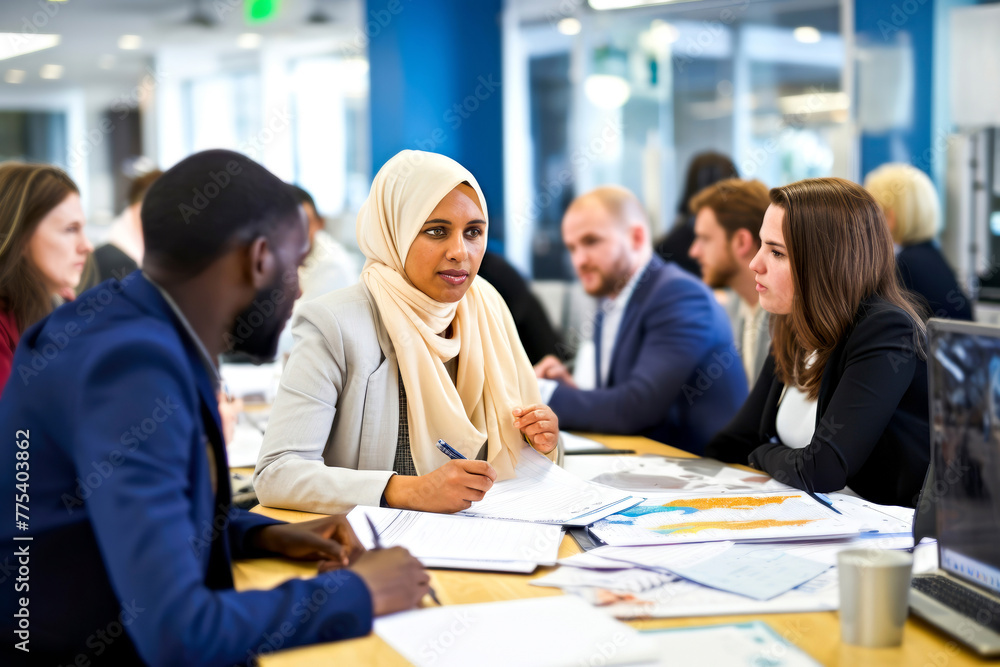 Diverse ethnicities employees, corporate team, in international office discussing strategy. Concept of teamwork collaboratively brainstorming business strategies, multicultural workspace setting