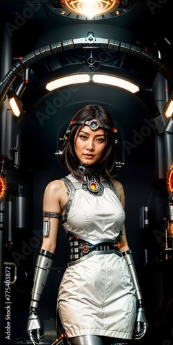 Android woman in a futuristic suit standing in the corridor, cybernetics, cyberpunk art, retrofuturism.