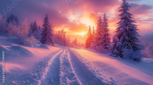   A snowy road in a dense winter forest surrounded by trees, bathed in a warm sunset glow photo