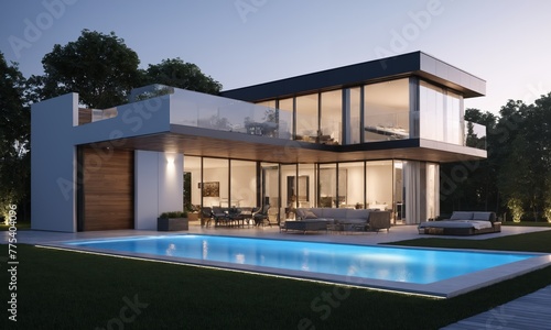 3d rendering of modern cozy house with pool and parking for sale or rent © Andrey