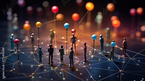 People miniature with connecting the dots and lines. Social networking, network connection and global communication concept.