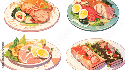 Assorted mixed foods on plates. 2d flat cartoon vac