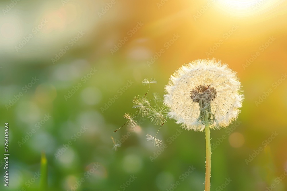 a dandelion with seeds flying away