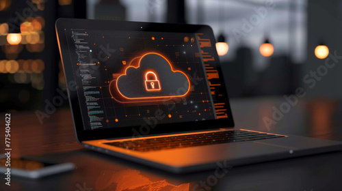 illustration of laptop with cyber security cloud with lock on screen - orange and black colors - computing concept photo