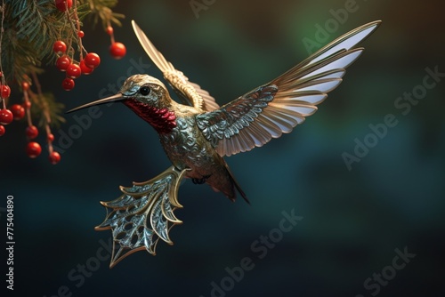 Divine Elegance: An Ornate Hummingbird Perched beside a Christ's Thorn Flower, Capturing the Grace and Beauty of Nature's Intricate Designs