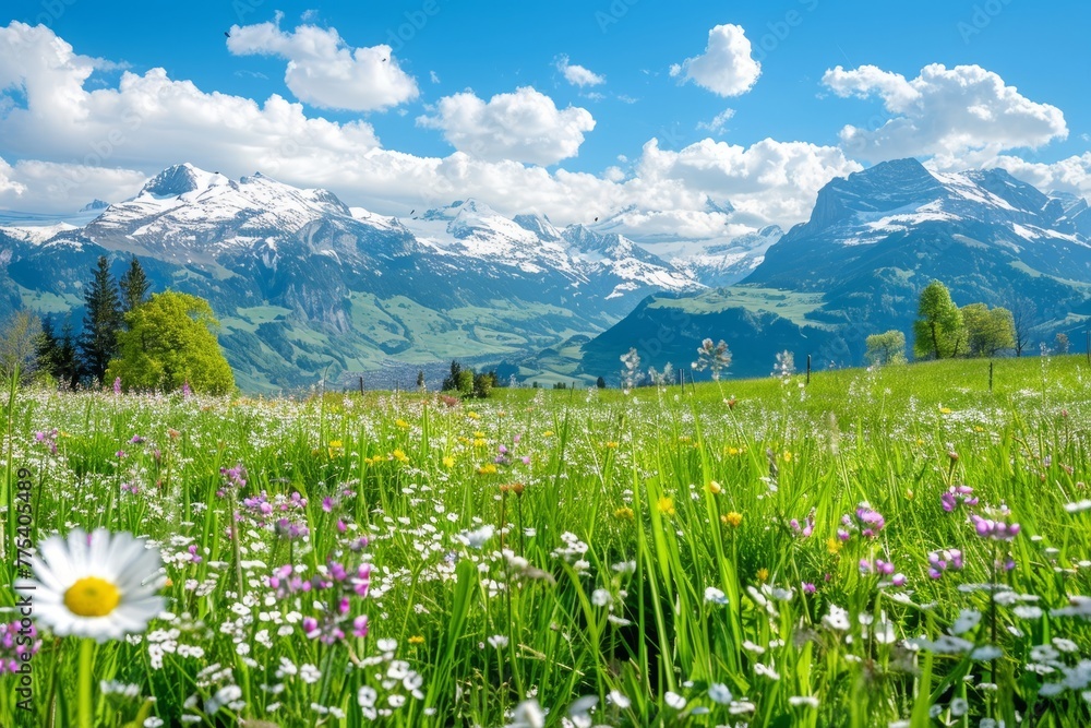 a field of flowers and mountains