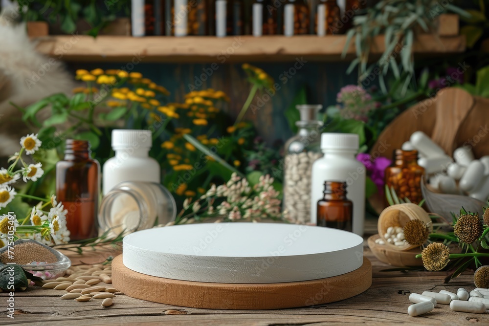 Herbal medicine stand mockup: empty podium on table for supplements, alternative medicine, homeopathy, herbal treatment, natural products, with banner and copy space for advertising and promotion.