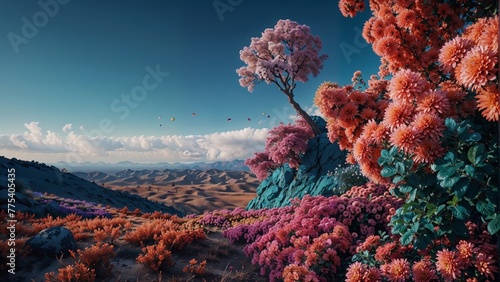 Beautiful fantasy landscape with flowers and mountains. 3d illustration.