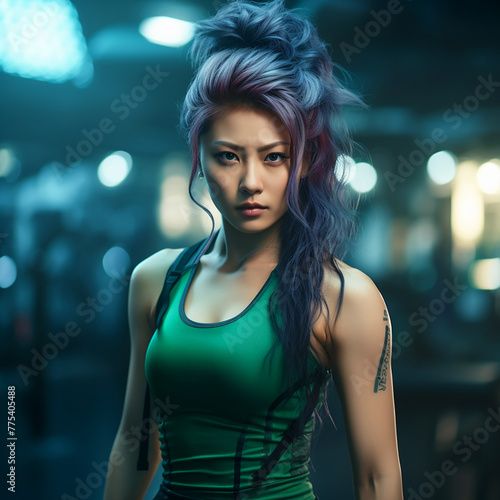 Young asian woman with striking purple hair and sleeveless green top stands confidently in dimly lit urban setting. Her intense gaze and athletic build suggest readiness for action, while blurred city © catocala