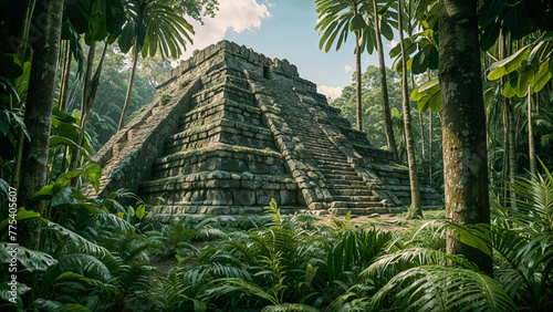 An ancient Mayan pyramid is located amid a dense jungle, completely covered with lush greenery photo