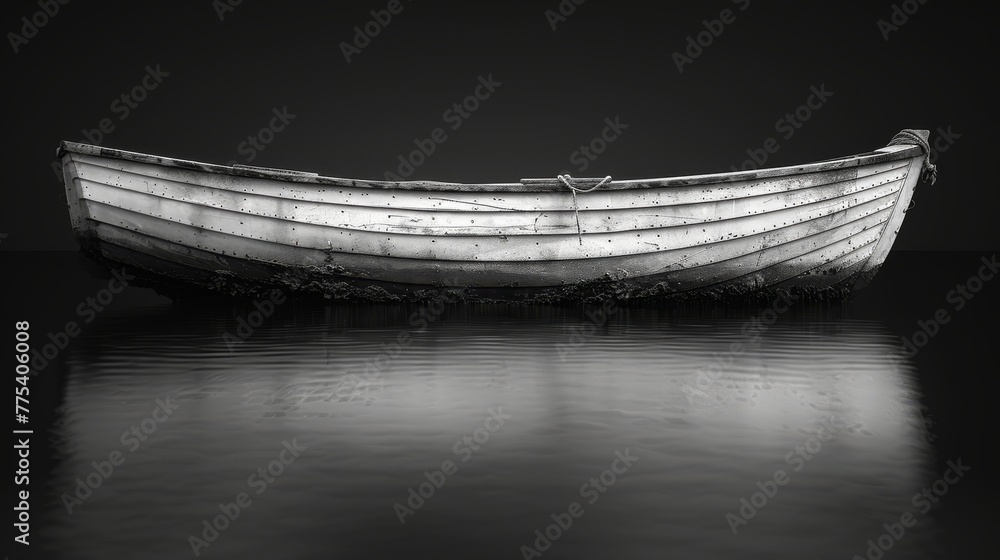   A monochrome image captures a boat resting on water, mirrored in the rippling surface below