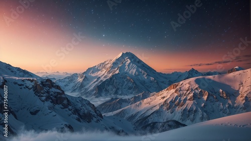 Beautiful winter landscape with snow-capped mountains at sunset.