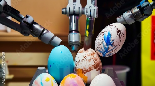 The robot carefully paints each egg with unique designs using its multifunctional arms --no text, titles --ar 16:9 --quality 0.5 --stylize 0 Job ID: f5e0d7f1-0f24-4462-988f-93b0e5d525a8 photo