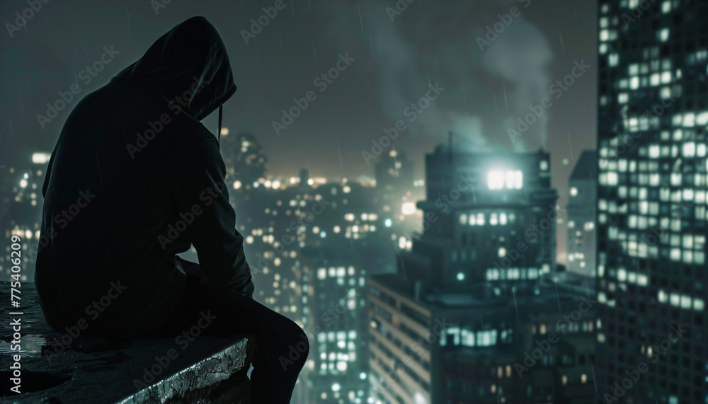 a man sitting on the rooftop of a building in the night a man sitting on the rooftop of a building in the night