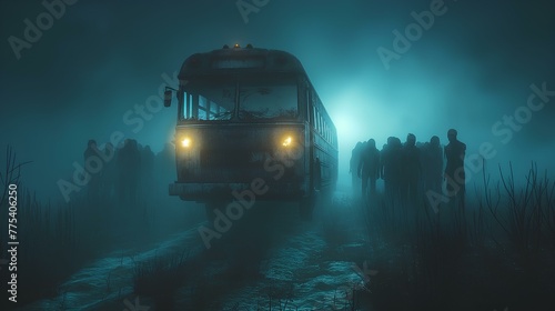 bus is traveling in a black fog in complete darkness surrounded by dark silhouettes of zombies, weak light from the spotlight, black sky. generative AI photo