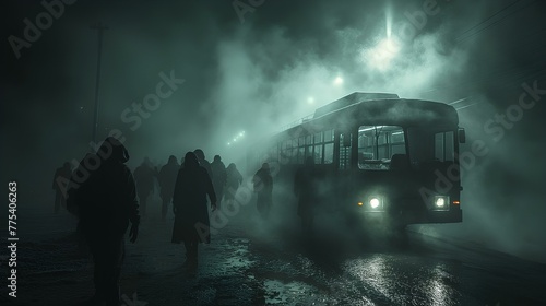 bus is traveling in a black fog in complete darkness surrounded by dark silhouettes of zombies, weak light from the spotlight, black sky. generative AI