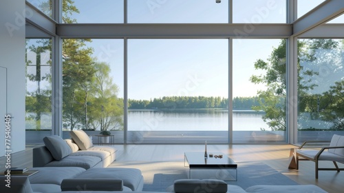Serene Interior with Scenic View of Trees and Lake © JH