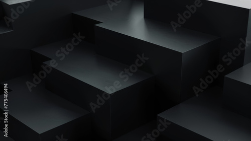 Black tech background, with a geometric 3D structure. Clean, minimal design with simple futuristic forms. 3D render © Murkemur