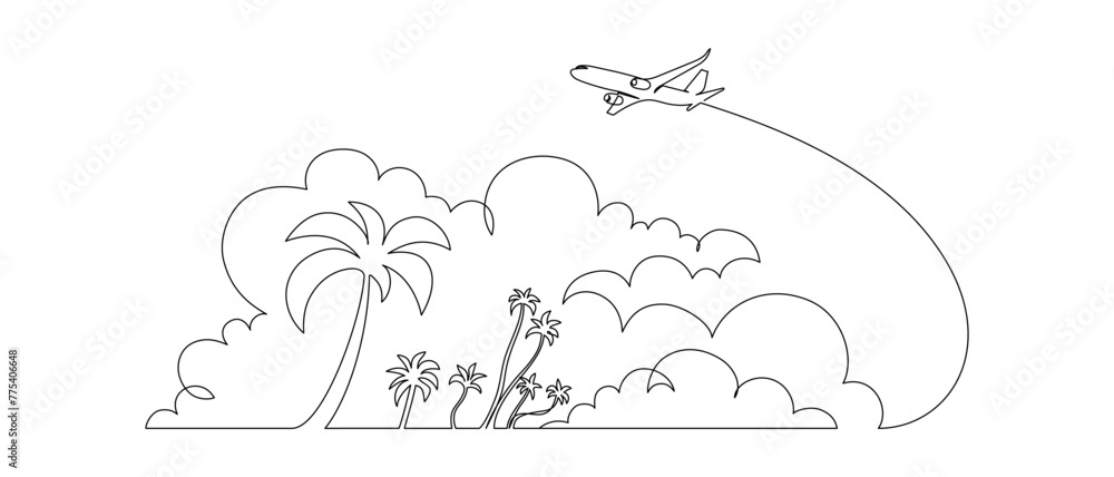 One continuous line drawing of summer travel vacation concept. Tropical landscape with beach and palm tree in simple linear style. Airplane in clouds in editable stroke. Contour vector illustration One continuous line drawing of summer travel vacation concept. Tropical landscape with beach and palm tree in simple linear style. Airplane in clouds in editable stroke. Contour vector illustration