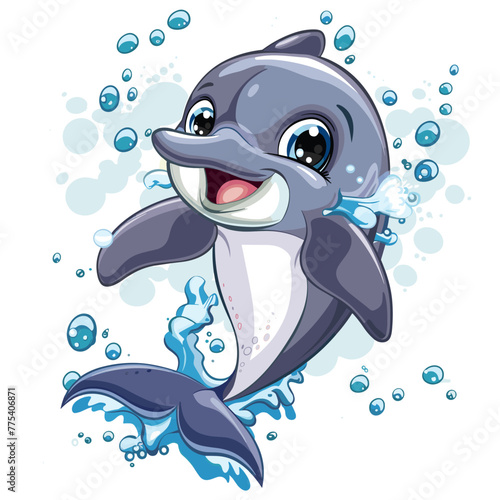 Illustration of a Cute Cartoon Dolphin Surrounded by Bubbles