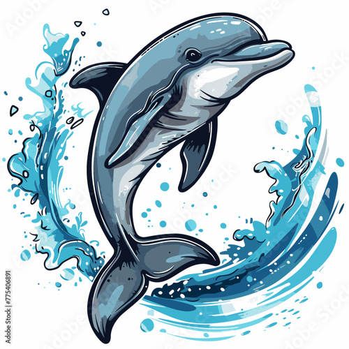 Illustration of a dolphin jumping in the water. Vector image.
