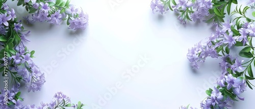  A group of violet blossoms on a white backdrop, with space for text in the middle