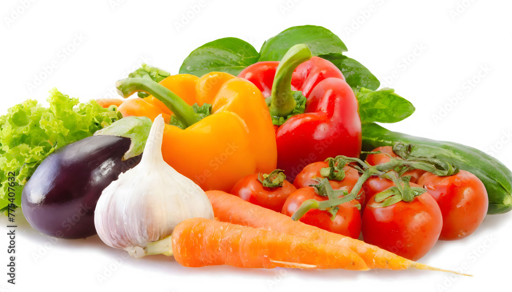 A vegetable mix is arranged neatly, isolated on a white background. A vegetable mix is arranged neatly, isolated on a white background.