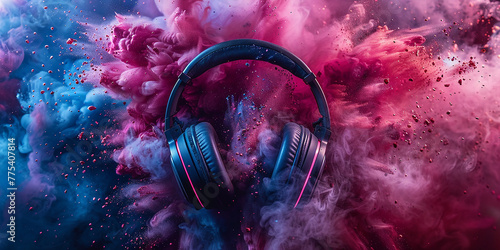 Headphone and vivid color powder. Creative music and festival concept AI-generated Image photo