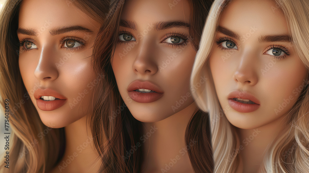 Group of beautiful young women with makeup on face, closeup. Beauty treatment Group of beautiful young women with makeup on face, closeup. Beauty treatment