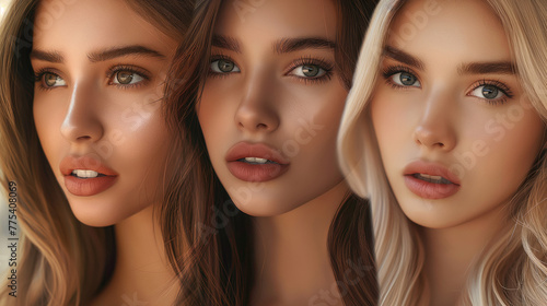 Group of beautiful young women with makeup on face, closeup. Beauty treatment