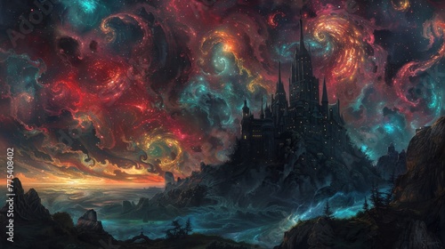 Enchanting castle in starlit sky vibrant fantasy art with rich colors and intricate details