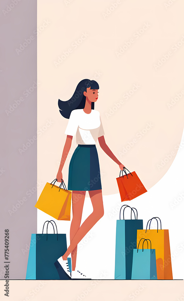 An illustration capturing the essence of a successful shopping spree. A girl with packages in her hands after shopping. An illustration capturing the essence of a successful shopping spree. A girl with packages in her hands after shopping.