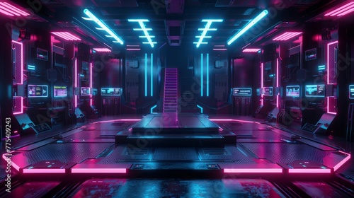 abstract backgound video game of esports scifi gaming cyberpunk, vr virtual reality simulation and metaverse, scene stand pedestal stage, 3d illustration rendering, futuristic neon glow room  photo
