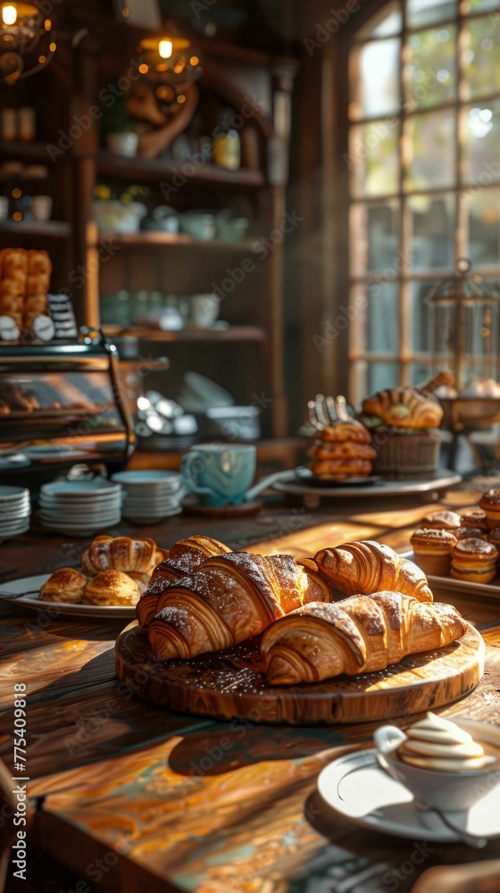 Freshly baked pastries in a cozy cafe setting, inviting warmth, soft glow Freshly baked pastries in a cozy cafe setting, inviting warmth, soft glow