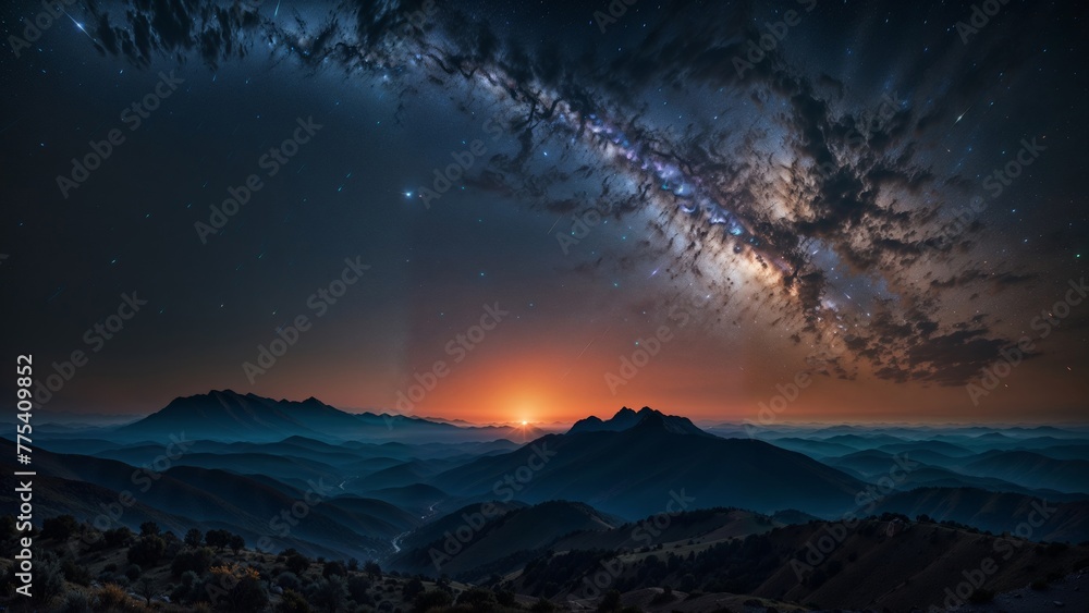 Mountain landscape at night with starry sky and milky way