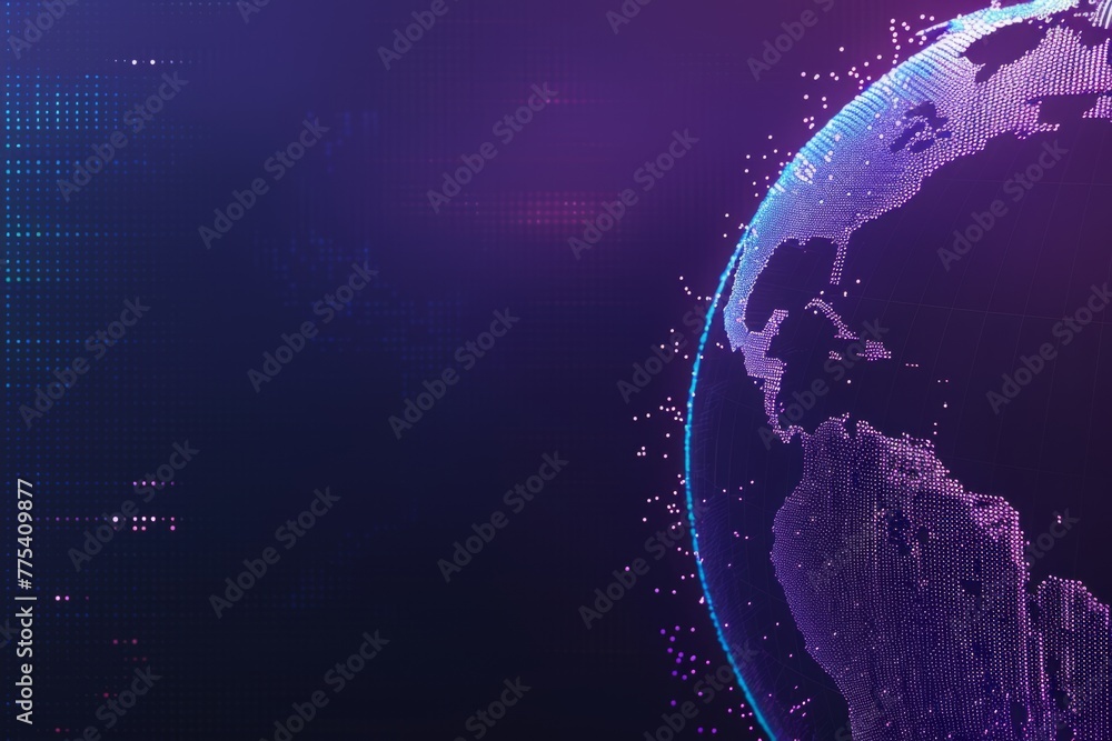Digital technology background with blue gradient and digital world globe made of dots on dark purple background, data transfer concept Generative AI - obrazy, fototapety, plakaty 