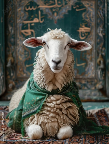 Sacred Sacrifice- Eid Al Adha Mubarak Background with Sheep and Islamic Prayer and copy space - generative ai