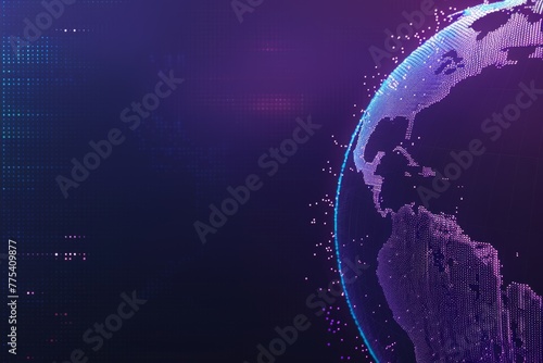 Digital technology background with blue gradient and digital world globe made of dots on dark purple background, data transfer concept Generative AI