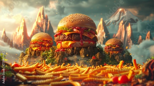 Whimsical fast food planet where landscapes are made of fries and mountains of burgers photo