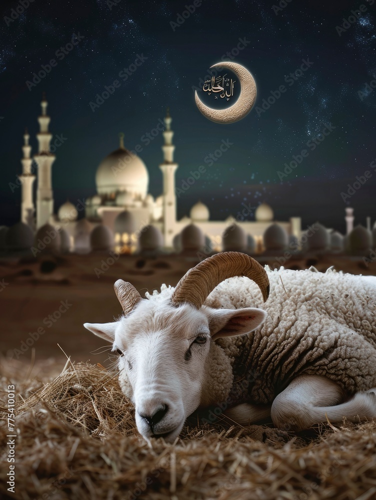 Fototapeta premium Sacred Sacrifice- Eid Al Adha Mubarak Background with Sheep and Islamic Prayer and copy space - generative ai